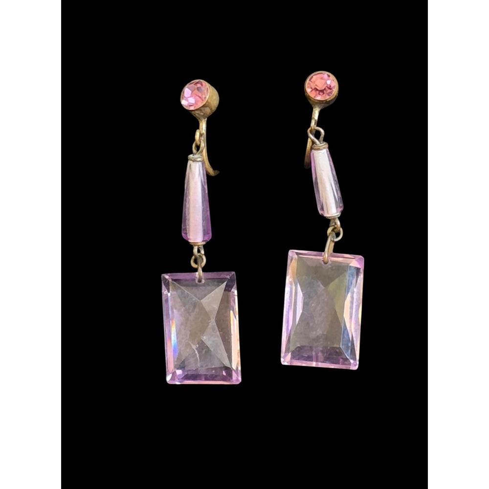 Antique Art Deco Pink Lavender Czech Glass Brass 1 7/8" Drop Earrings Screw On